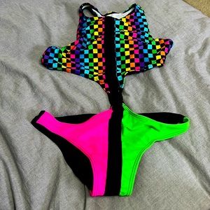 Dolls kill beach club neon checkered 2 piece rave suit